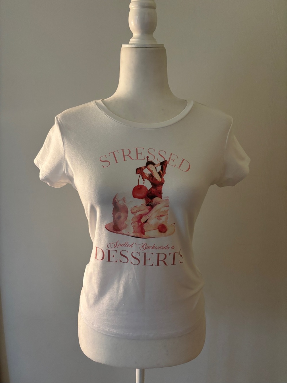 Guess White Graphic 'Stressed Desserts' Tee with Pink & Red Print